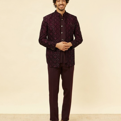 Embroidered Raw Silk Indo Western Party 3 Piece Suit