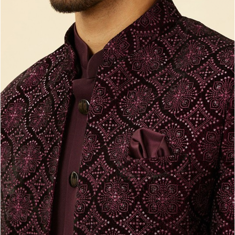Embroidered Raw Silk Indo Western Party 3 Piece Suit