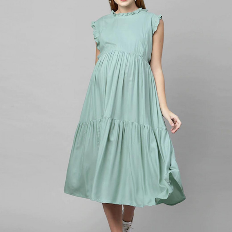 Green Maternity A-Line Midi Nursing Dress