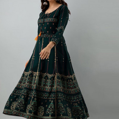 Women Green & Yellow Ethnic Motifs Printed Thread Work Anarkali Kurta