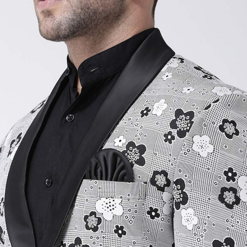 Men Grey Printed Single Breasted Blazer