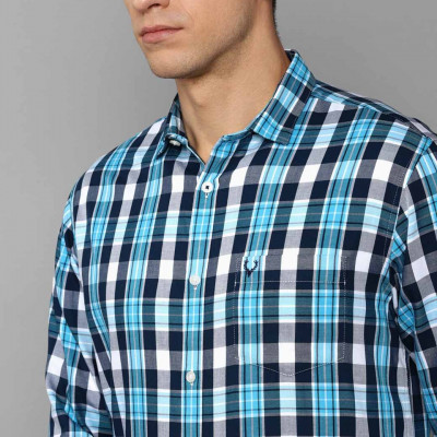 Men Blue Slim Fit Tartan Checks Checked Pure Cotton Casual Shirt