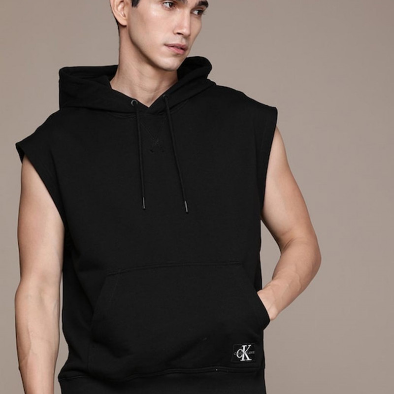 Men Black Solid Sleeveless Hooded Sweatshirt