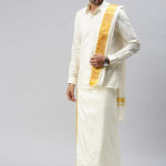 Men Cream-Coloured Solid Pure Silk Dhoti & Towel