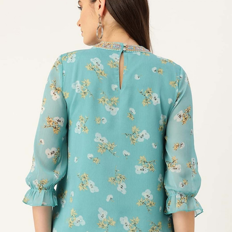 Women Blue & Yellow Floral Print A-Line Top